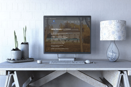 image d'un ordinateur avec une démonstration du site web du Cabinet vétérinaire du Docteur Perdreau à l'écran